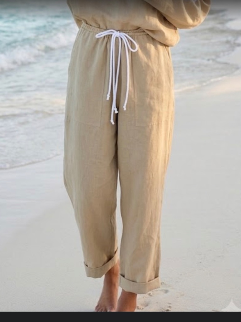 Tory Burch 100% Linen Wide Leg Drawstring Pants Sand Beige Resort NWOT S